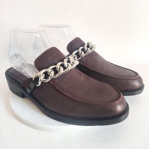 Free People Brown Leather Chain-Trim Loafers